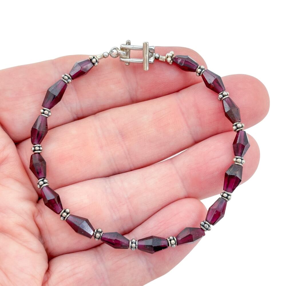 Vintage Sterling Silver 925 Garnet Toggle Bracelet 8"